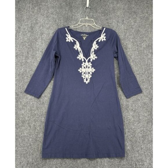 Lilly Pulitzer BLAIR Navy Blue White Embroidery Dress V Neck Womens Small Preppy - Picture 1 of 11